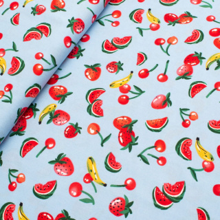Stoff Viskose hellblau Obst Muster 100% Viskose 0,5m