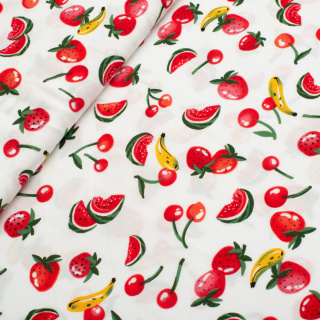 Viskosestoff weiß Obstmuster 100% Viskose 0,5m