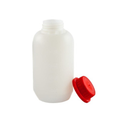 Fľaša HDPE 500 ml okrúhla s červeným uzáverom s plombou – chemicky odolná, bezpečná na skladovanie kvapalín a sypkých materiálov