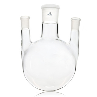 Dreihals-Flasche mit rundem Boden, gerade Hälse, 100 ml, Schleifmaße 29/14/14, Borosilikatglas (BORO 3.3)