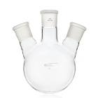 Dreihalsflasche mit rundem Boden und schrägen Seitenhals, 50 ml, Schleifmaß 29/14/14, Borosilikatglas (BORO 3.3)